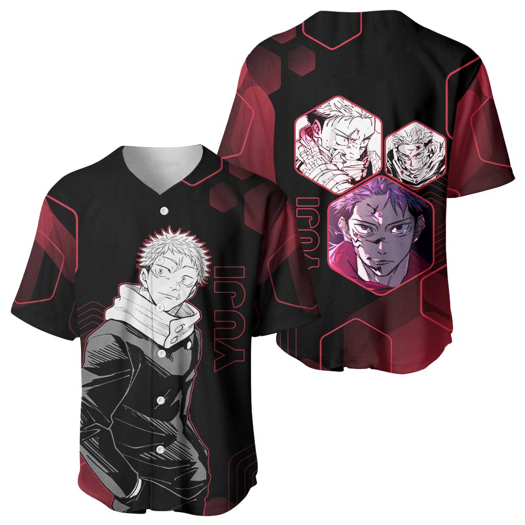 Yuji Itadori Jujutsu Kaisen Red Hexagon Design Baseball Jersey with Sukuna Transformation and Manga Style Art - The Mazicc