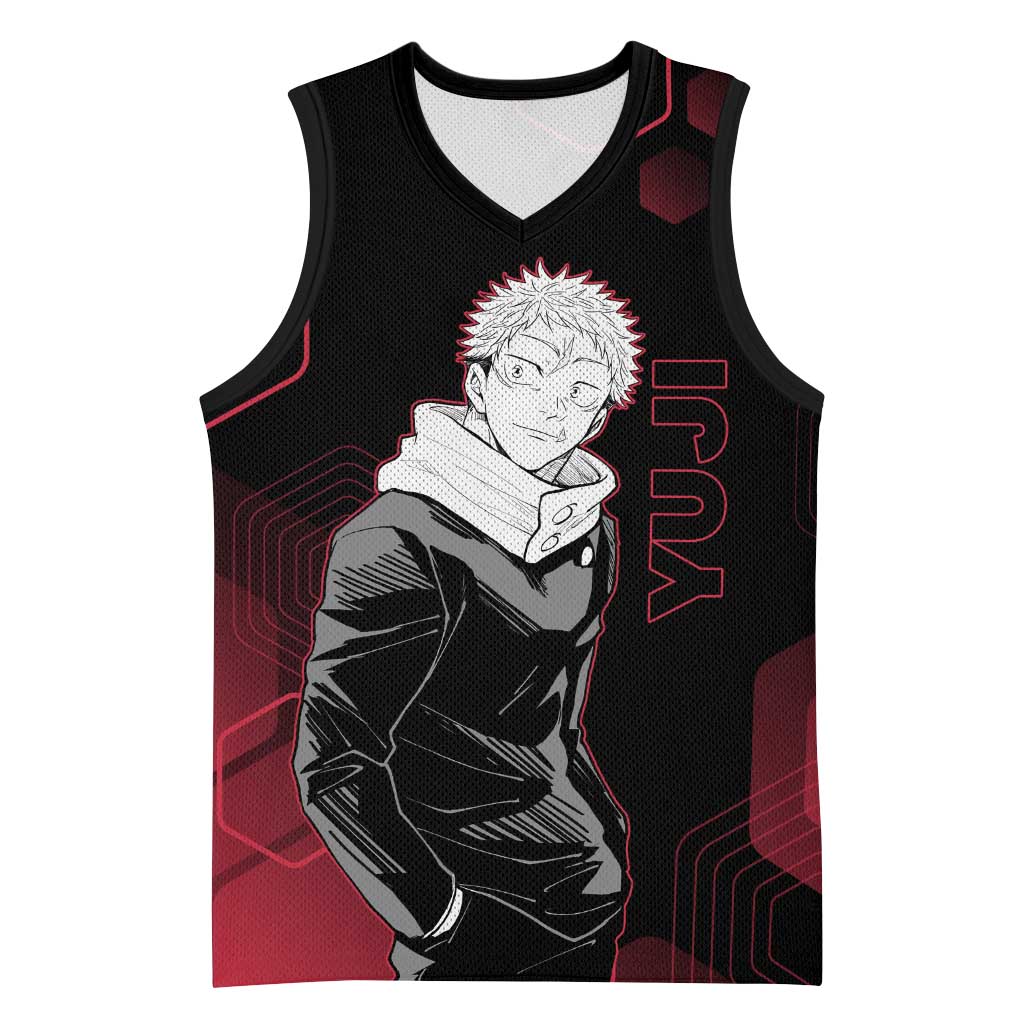 Yuji Itadori Jujutsu Kaisen Red Hexagon Design Basketball Jersey with Sukuna Transformation and Manga Style Art - The Mazicc