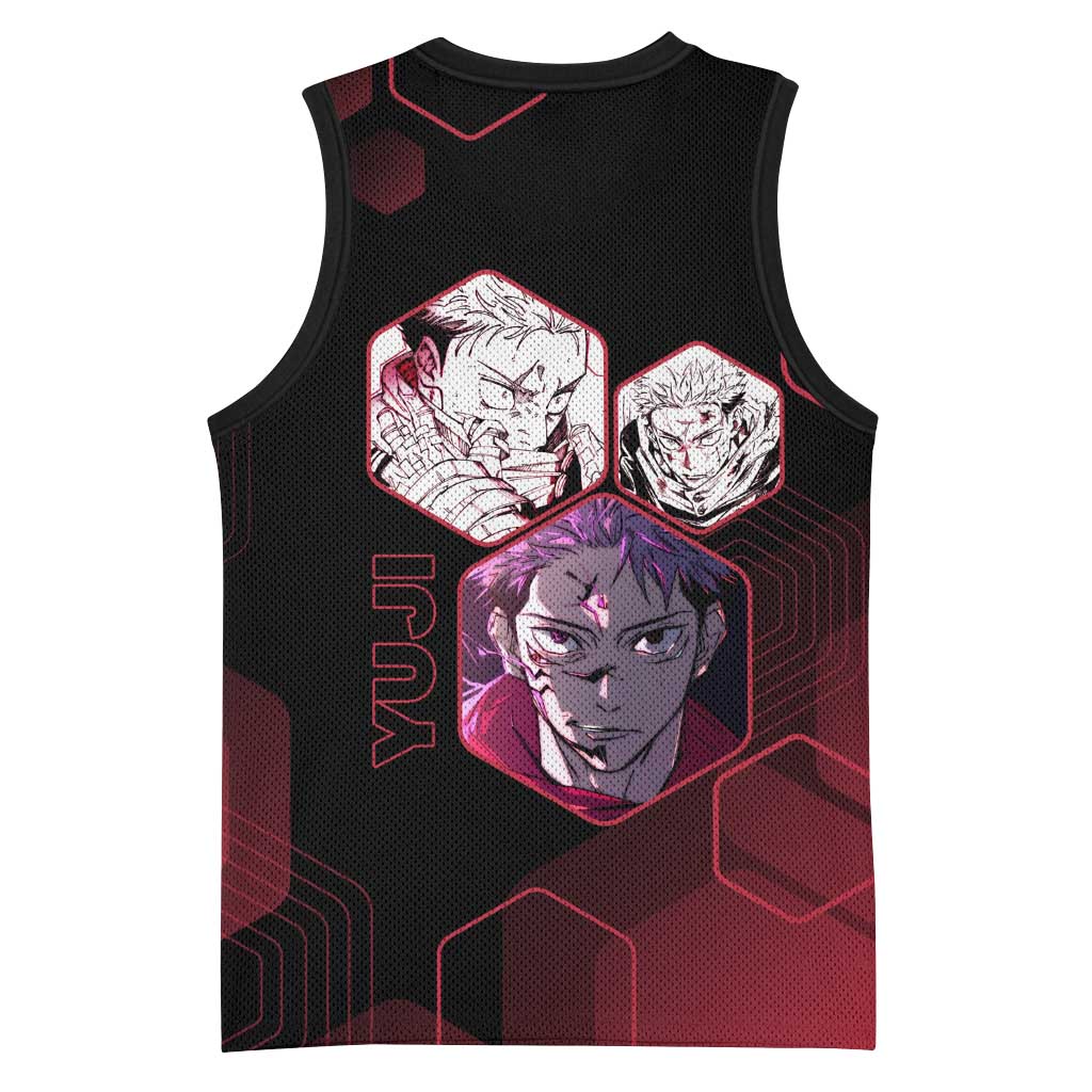 Yuji Itadori Jujutsu Kaisen Red Hexagon Design Basketball Jersey with Sukuna Transformation and Manga Style Art - The Mazicc