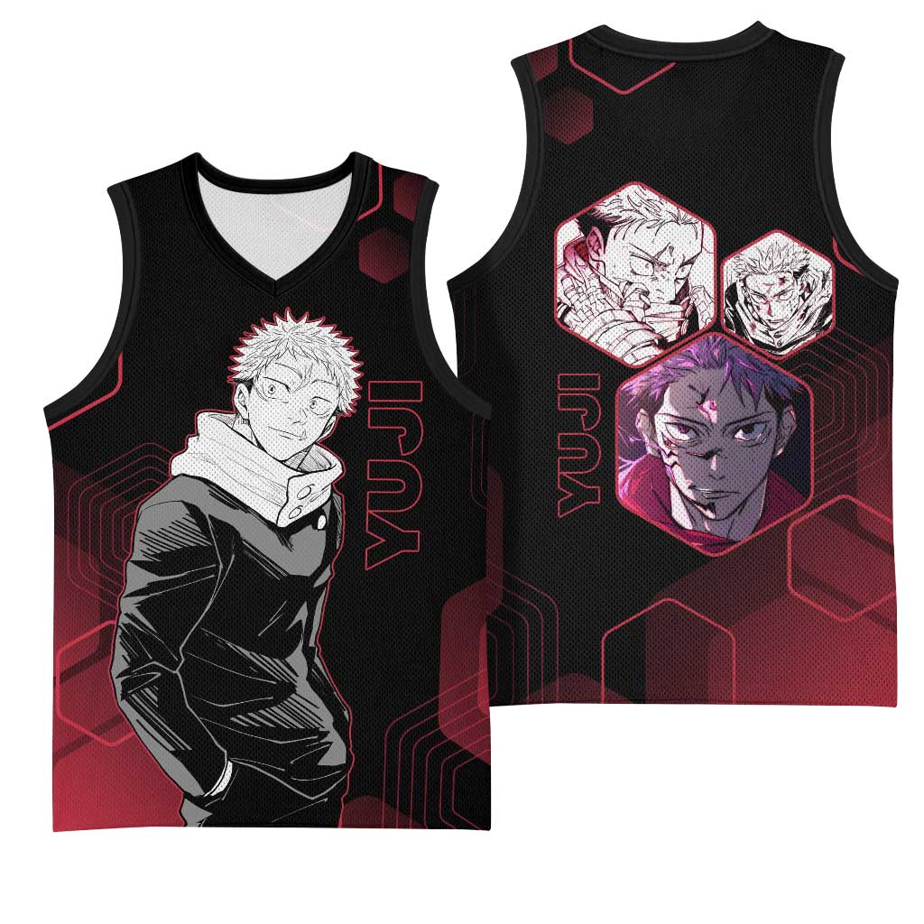 Yuji Itadori Jujutsu Kaisen Red Hexagon Design Basketball Jersey with Sukuna Transformation and Manga Style Art - The Mazicc