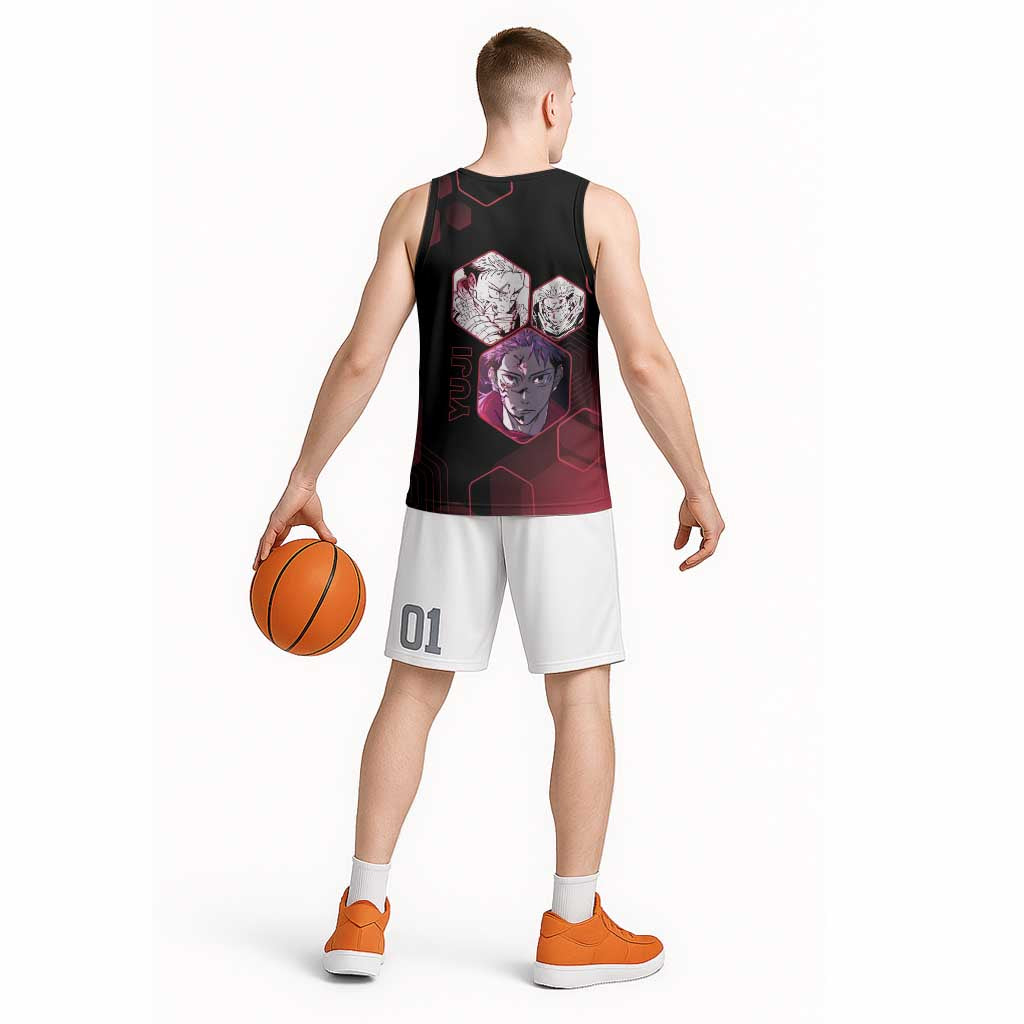 Yuji Itadori Jujutsu Kaisen Red Hexagon Design Basketball Jersey with Sukuna Transformation and Manga Style Art - The Mazicc