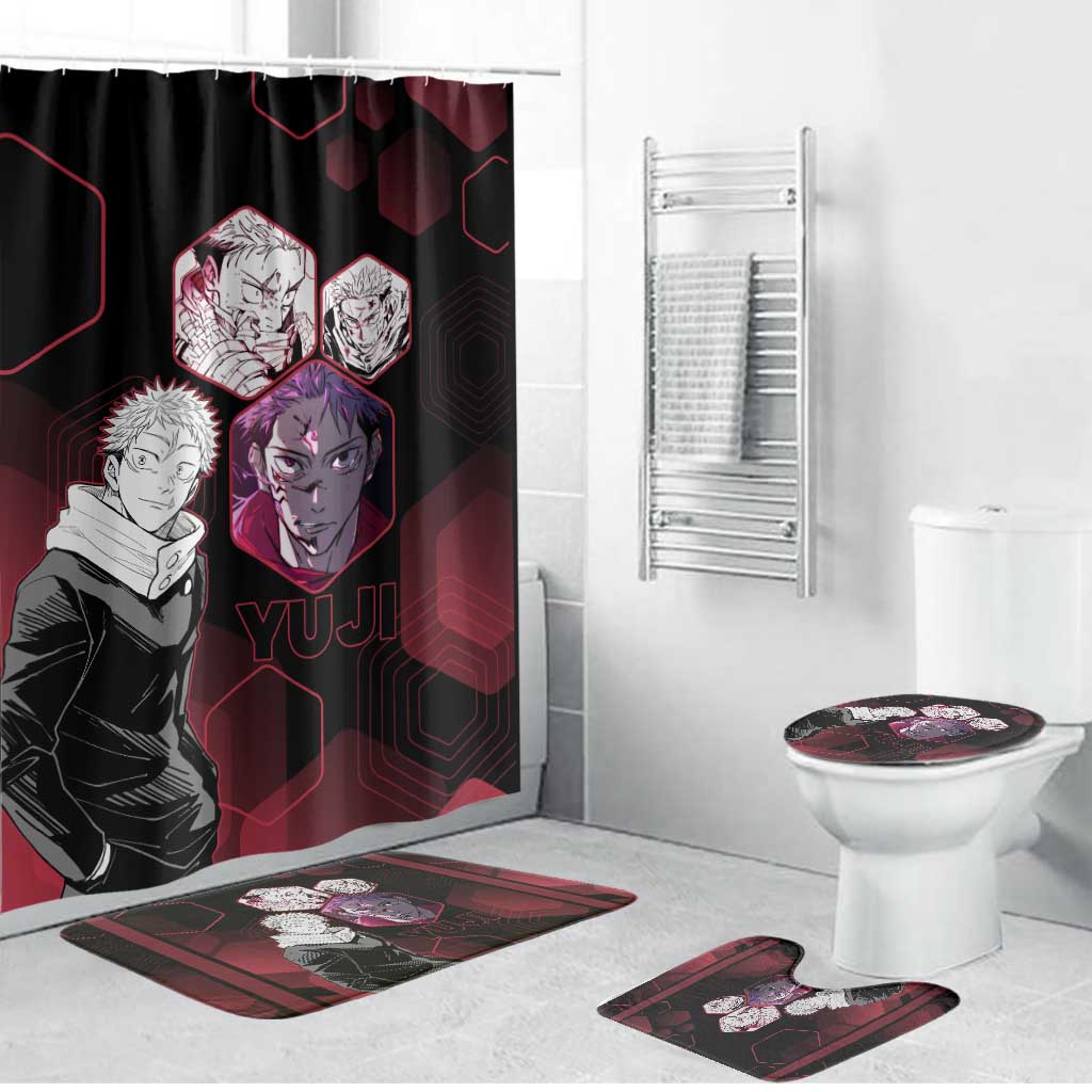 Yuji Itadori Jujutsu Kaisen Red Hexagon Design Bathroom Set with Sukuna Transformation and Manga Style Art - The Mazicc