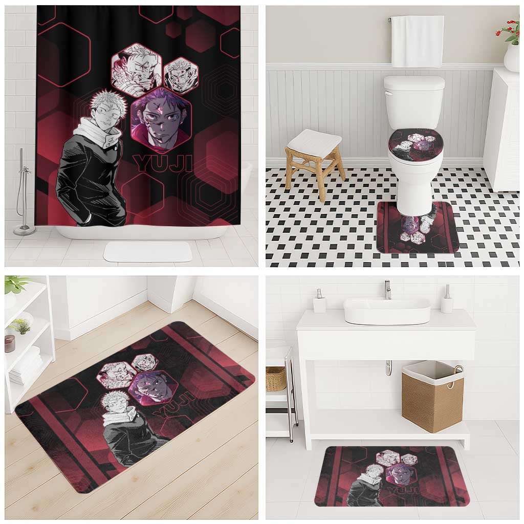 Yuji Itadori Jujutsu Kaisen Red Hexagon Design Bathroom Set with Sukuna Transformation and Manga Style Art - The Mazicc