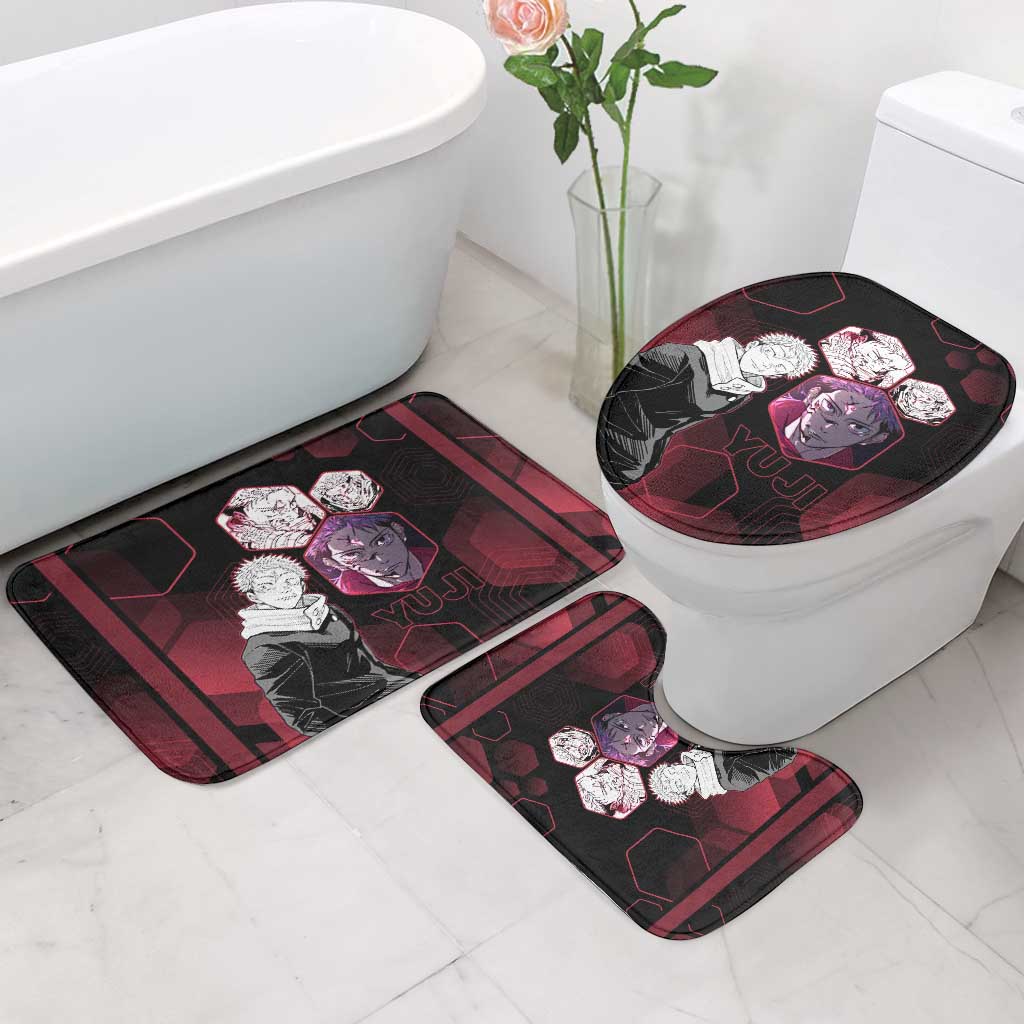 Yuji Itadori Jujutsu Kaisen Red Hexagon Design Bathroom Set with Sukuna Transformation and Manga Style Art - The Mazicc