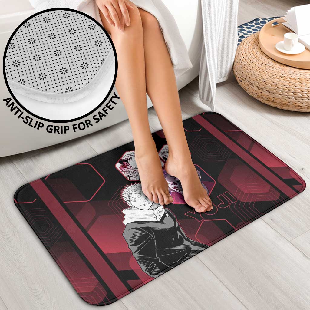 Yuji Itadori Jujutsu Kaisen Red Hexagon Design Bathroom Set with Sukuna Transformation and Manga Style Art - The Mazicc