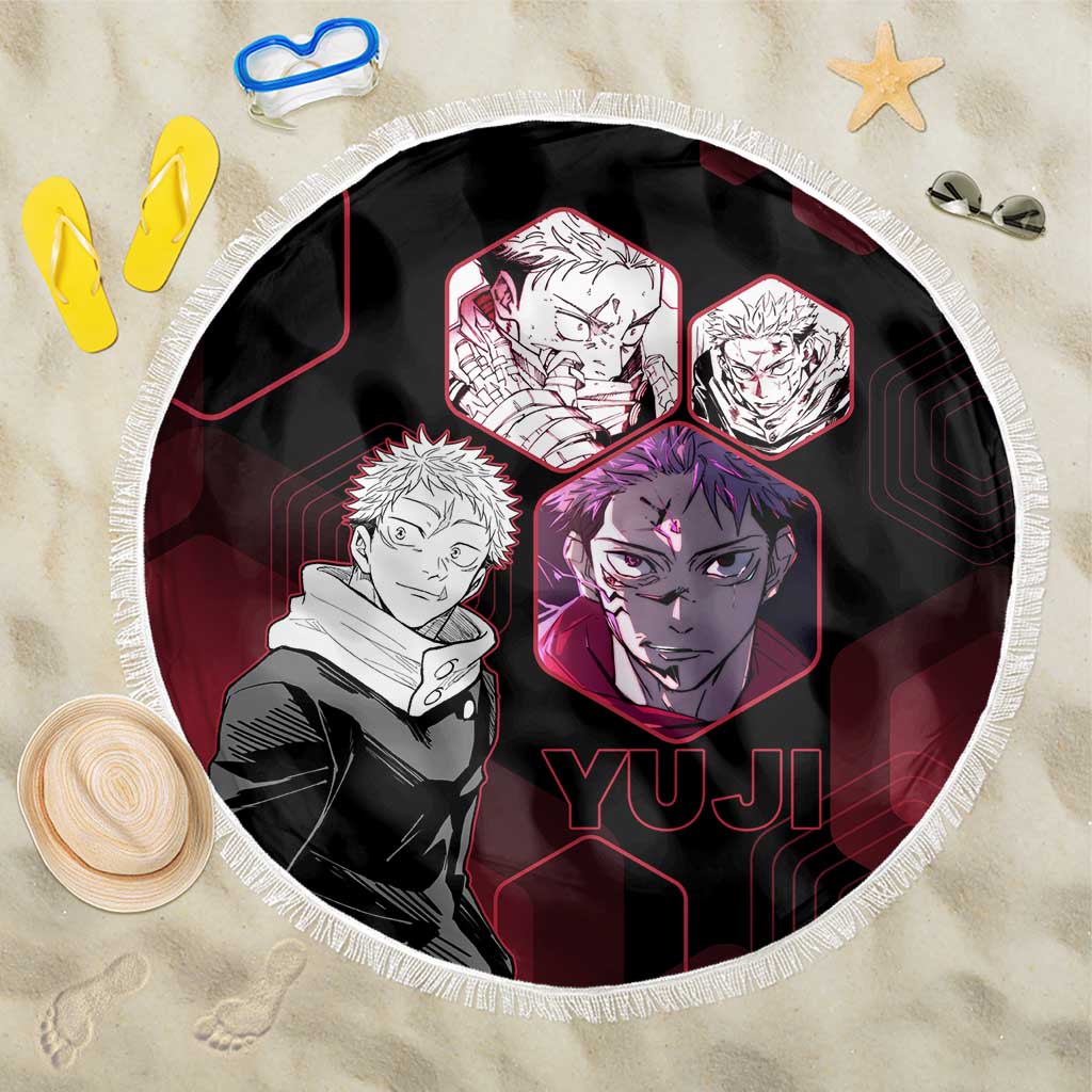 Yuji Itadori Jujutsu Kaisen Red Hexagon Design Beach Blanket with Sukuna Transformation and Manga Style Art - The Mazicc