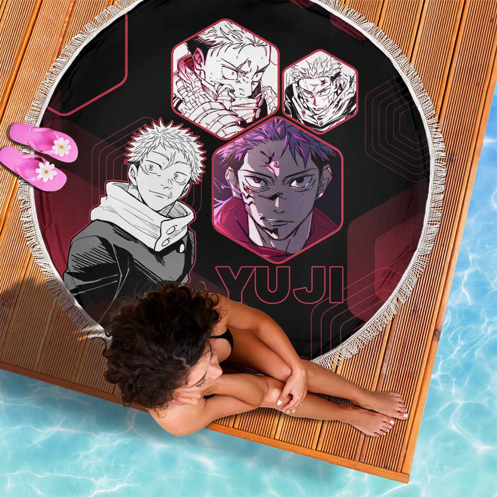 Yuji Itadori Jujutsu Kaisen Red Hexagon Design Beach Blanket with Sukuna Transformation and Manga Style Art - The Mazicc