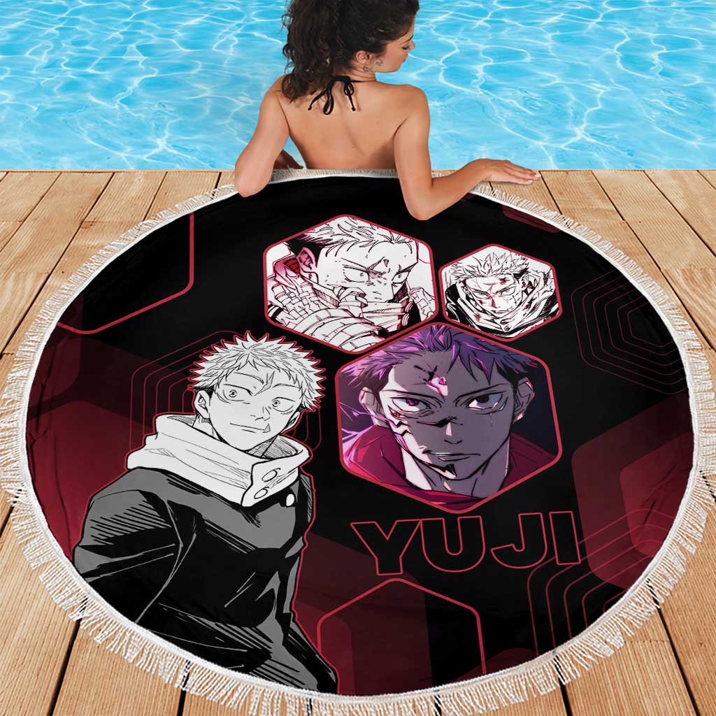 Yuji Itadori Jujutsu Kaisen Red Hexagon Design Beach Blanket with Sukuna Transformation and Manga Style Art - The Mazicc