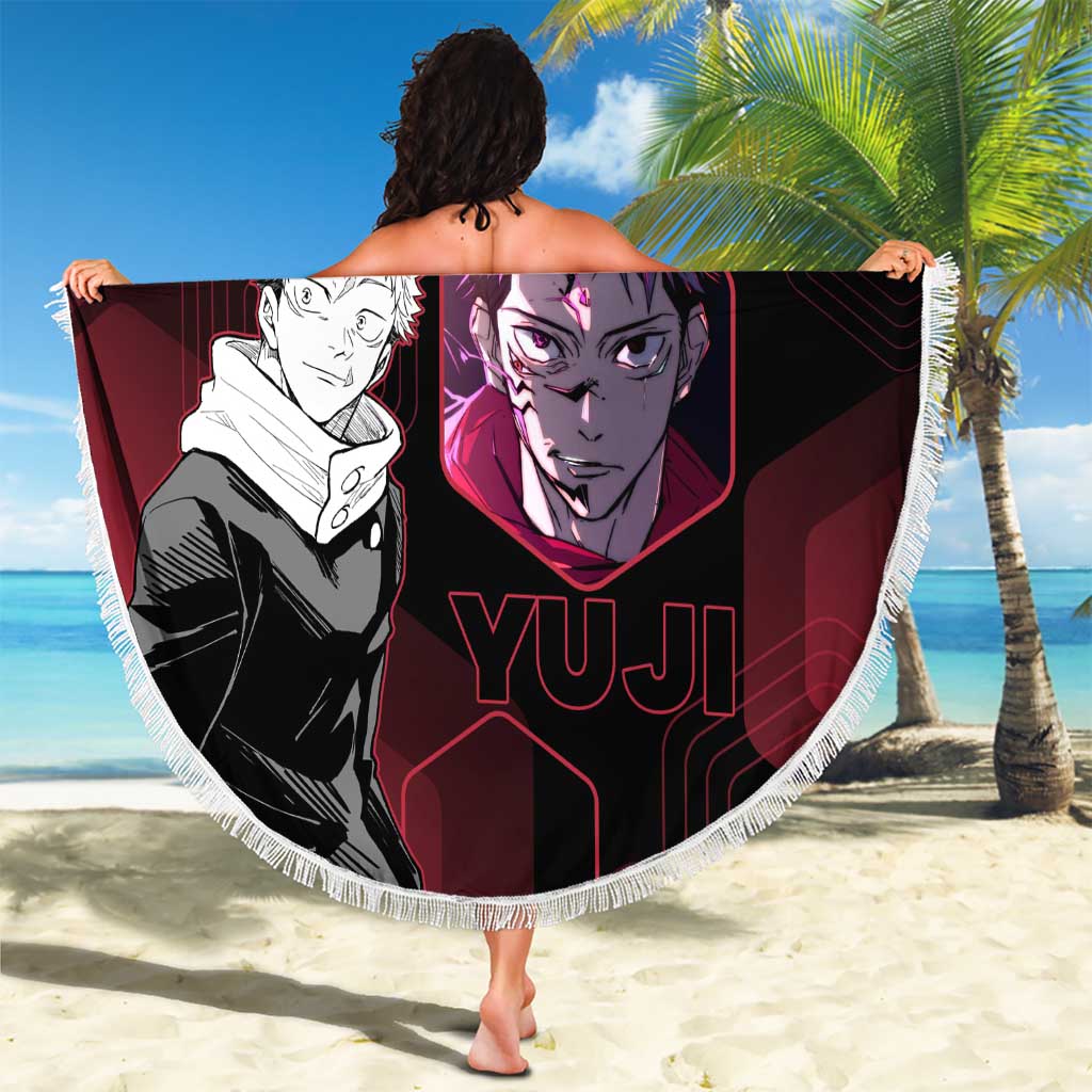 Yuji Itadori Jujutsu Kaisen Red Hexagon Design Beach Blanket with Sukuna Transformation and Manga Style Art - The Mazicc