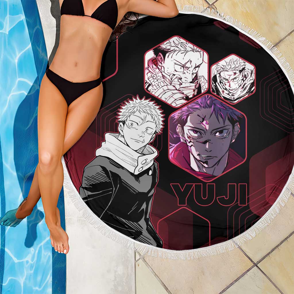 Yuji Itadori Jujutsu Kaisen Red Hexagon Design Beach Blanket with Sukuna Transformation and Manga Style Art - The Mazicc