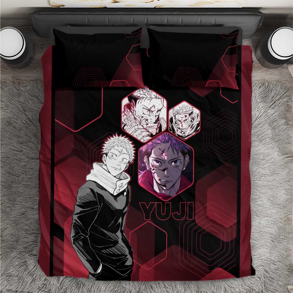 Yuji Itadori Jujutsu Kaisen Red Hexagon Design Bedding Set with Sukuna Transformation and Manga Style Art - The Mazicc