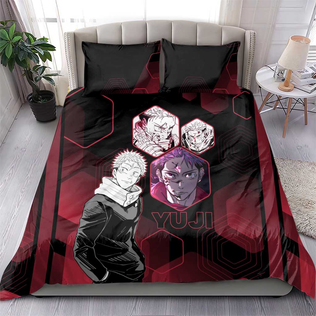 Yuji Itadori Jujutsu Kaisen Red Hexagon Design Bedding Set with Sukuna Transformation and Manga Style Art - The Mazicc