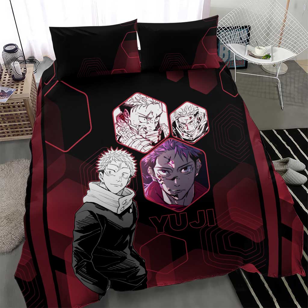 Yuji Itadori Jujutsu Kaisen Red Hexagon Design Bedding Set with Sukuna Transformation and Manga Style Art - The Mazicc