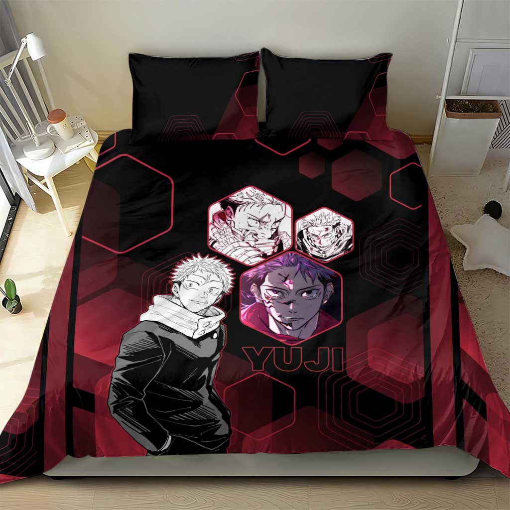 Yuji Itadori Jujutsu Kaisen Red Hexagon Design Bedding Set with Sukuna Transformation and Manga Style Art - The Mazicc