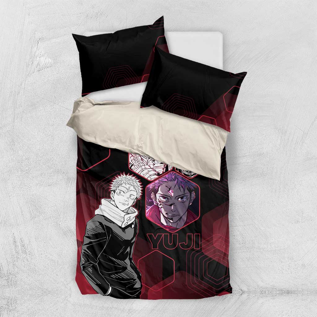 Yuji Itadori Jujutsu Kaisen Red Hexagon Design Bedding Set with Sukuna Transformation and Manga Style Art - The Mazicc