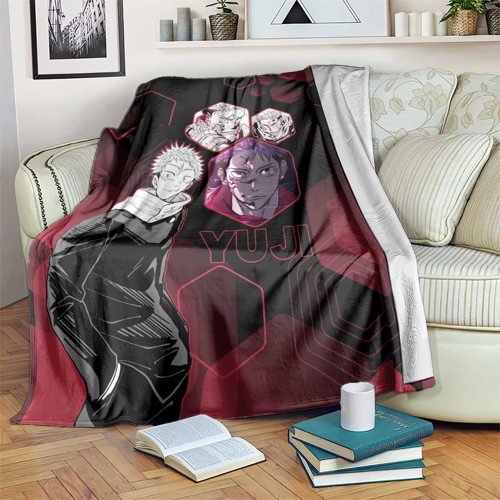 Yuji Itadori Jujutsu Kaisen Red Hexagon Design Blanket with Sukuna Transformation and Manga Style Art - The Mazicc