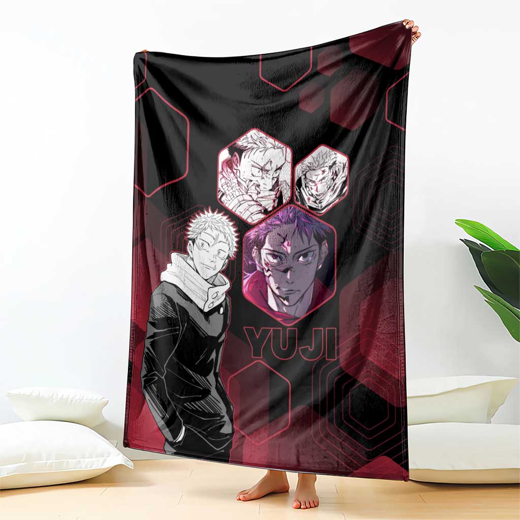 Yuji Itadori Jujutsu Kaisen Red Hexagon Design Blanket with Sukuna Transformation and Manga Style Art - The Mazicc