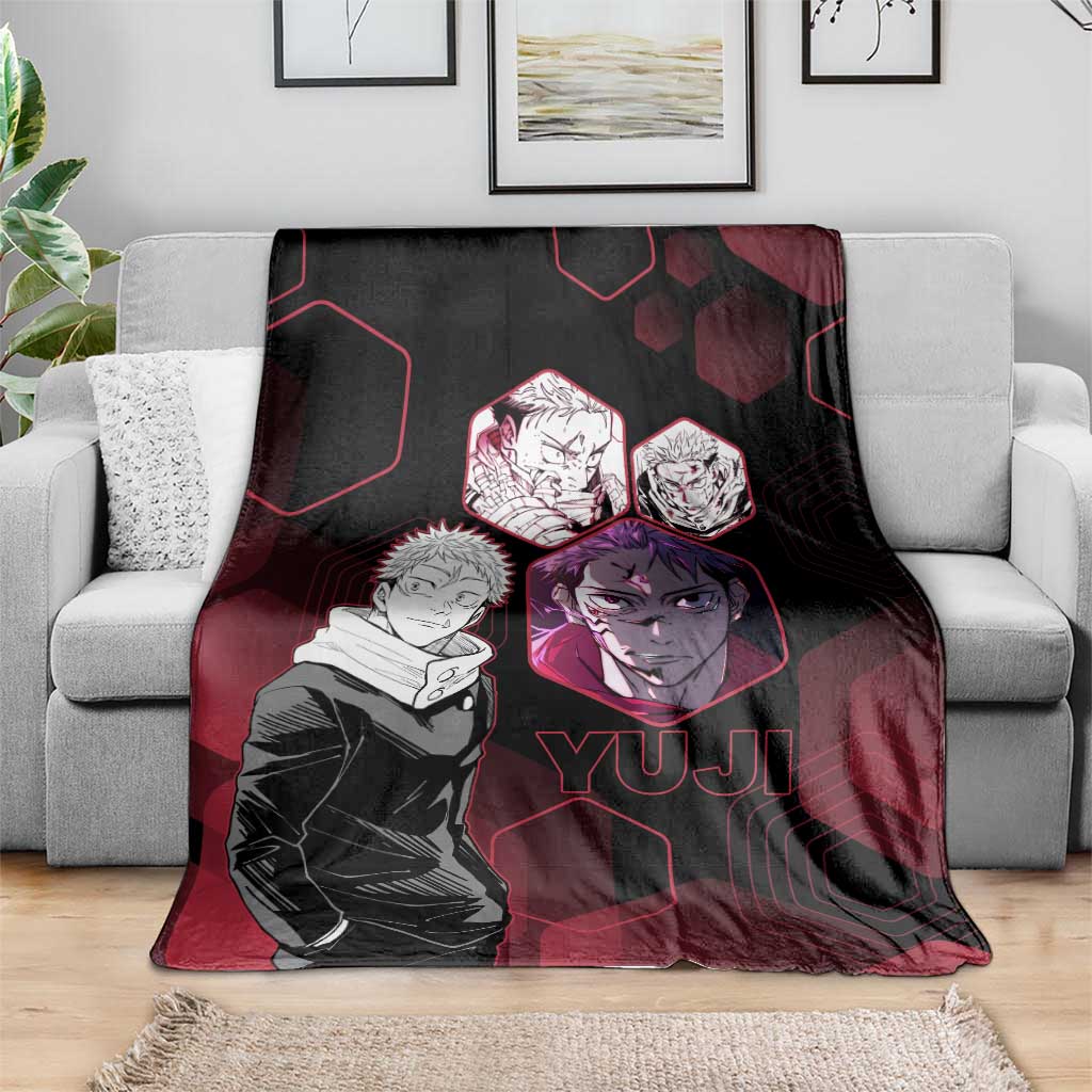 Yuji Itadori Jujutsu Kaisen Red Hexagon Design Blanket with Sukuna Transformation and Manga Style Art - The Mazicc