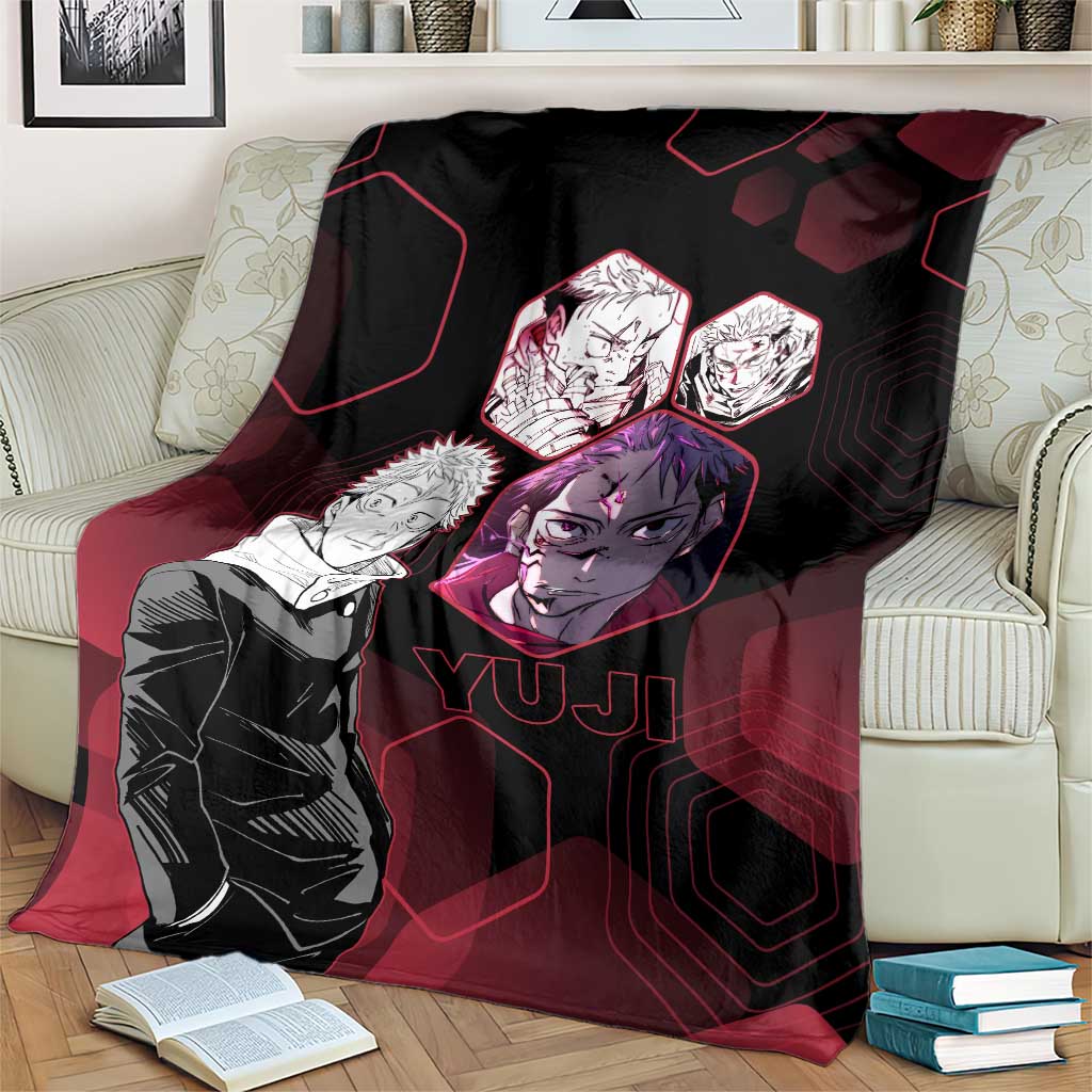Yuji Itadori Jujutsu Kaisen Red Hexagon Design Blanket with Sukuna Transformation and Manga Style Art - The Mazicc