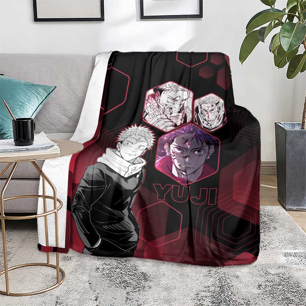 Yuji Itadori Jujutsu Kaisen Red Hexagon Design Blanket with Sukuna Transformation and Manga Style Art - The Mazicc