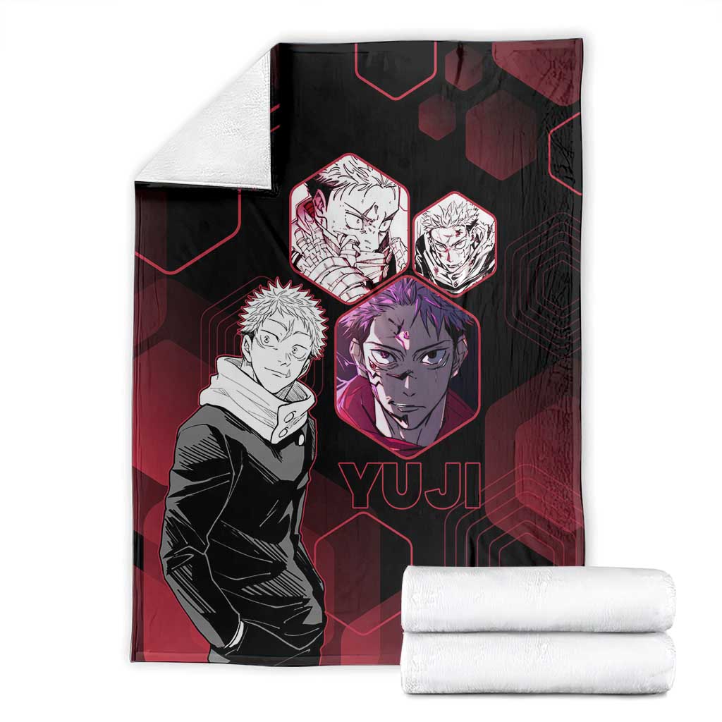 Yuji Itadori Jujutsu Kaisen Red Hexagon Design Blanket with Sukuna Transformation and Manga Style Art - The Mazicc