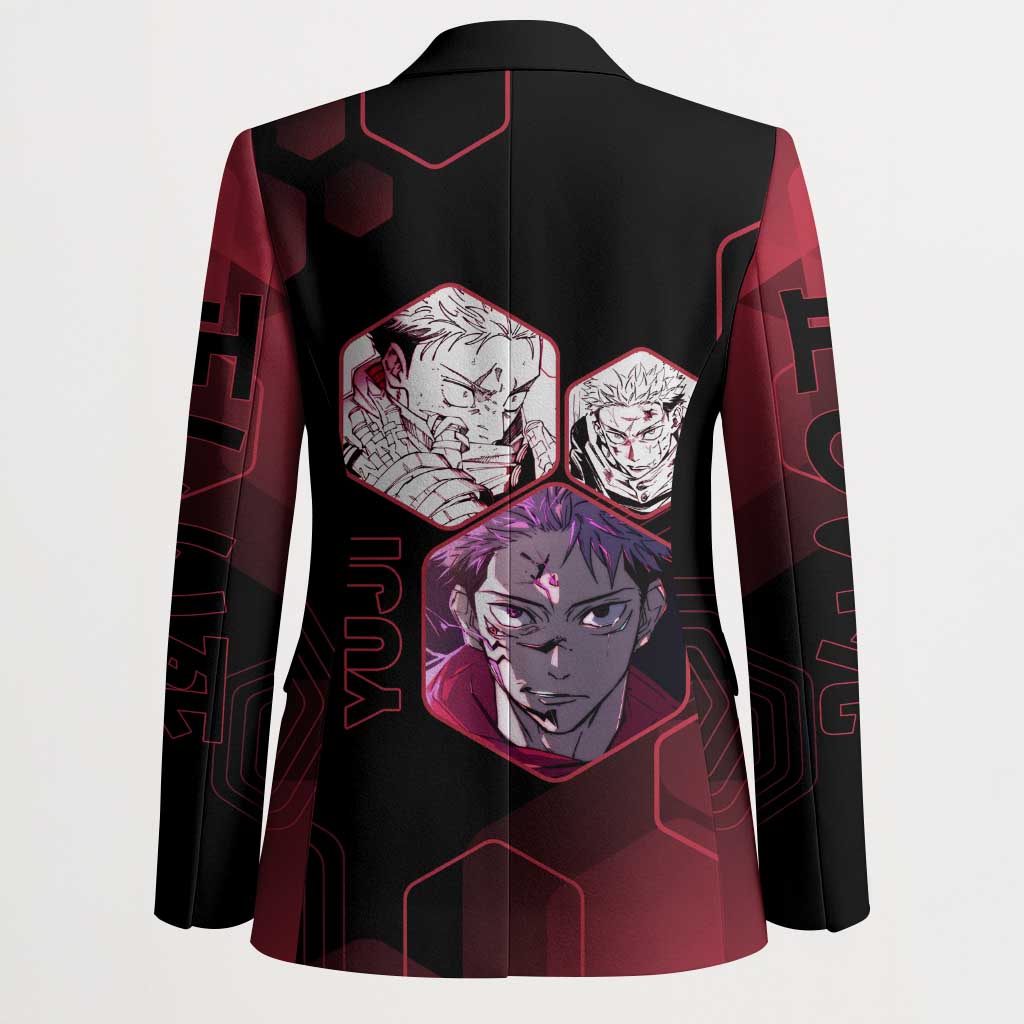 Yuji Itadori Jujutsu Kaisen Red Hexagon Design Blazer with Sukuna Transformation and Manga Style Art - The Mazicc