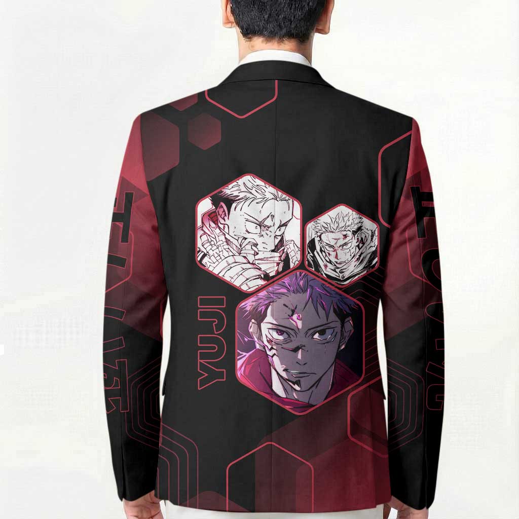 Yuji Itadori Jujutsu Kaisen Red Hexagon Design Blazer with Sukuna Transformation and Manga Style Art - The Mazicc