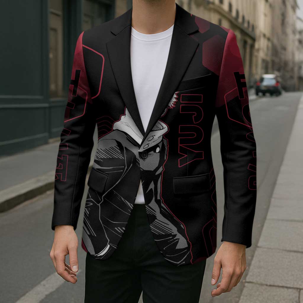 Yuji Itadori Jujutsu Kaisen Red Hexagon Design Blazer with Sukuna Transformation and Manga Style Art - The Mazicc