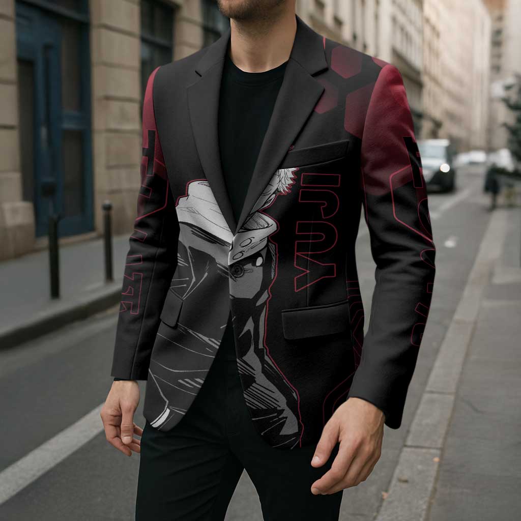 Yuji Itadori Jujutsu Kaisen Red Hexagon Design Blazer with Sukuna Transformation and Manga Style Art - The Mazicc