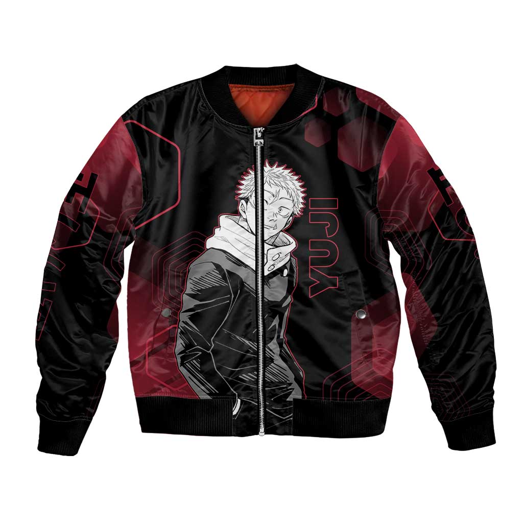 Yuji Itadori Jujutsu Kaisen Red Hexagon Design Bomber Jacket with Sukuna Transformation and Manga Style Art - The Mazicc