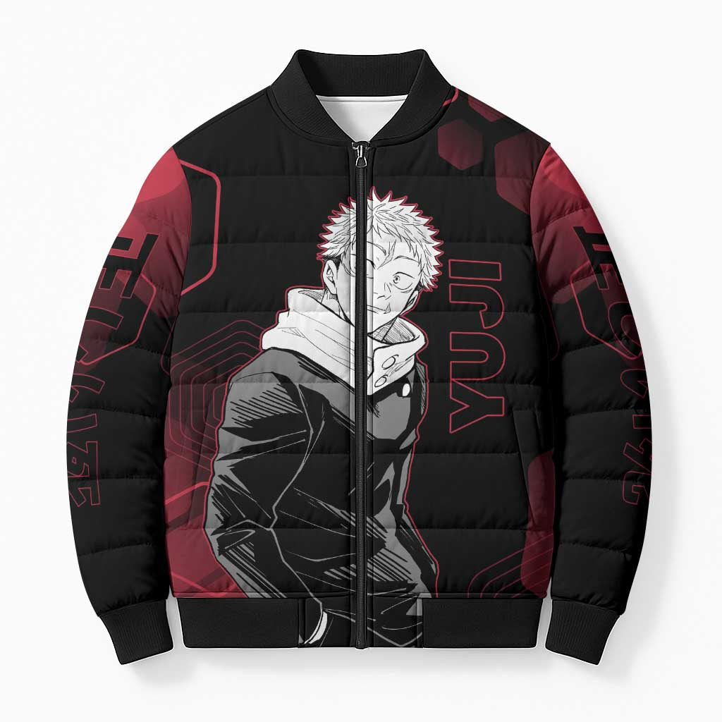 Yuji Itadori Jujutsu Kaisen Red Hexagon Design Bomber Puffer Jacket with Sukuna Transformation and Manga Style Art - The Mazicc