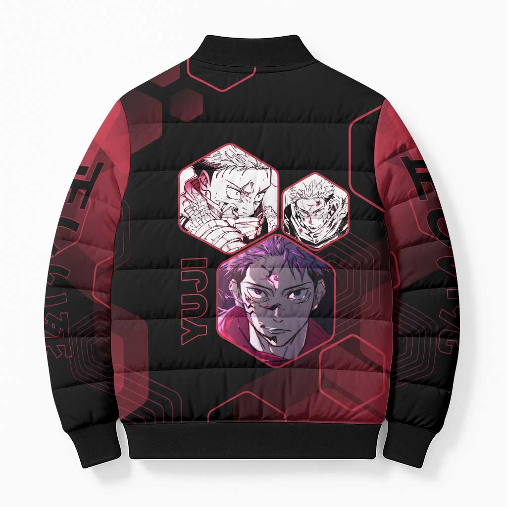 Yuji Itadori Jujutsu Kaisen Red Hexagon Design Bomber Puffer Jacket with Sukuna Transformation and Manga Style Art - The Mazicc