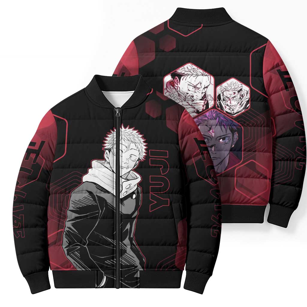 Yuji Itadori Jujutsu Kaisen Red Hexagon Design Bomber Puffer Jacket with Sukuna Transformation and Manga Style Art - The Mazicc