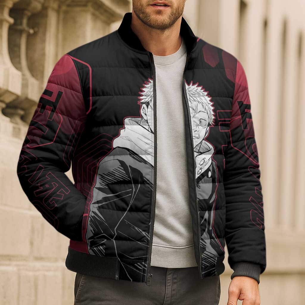 Yuji Itadori Jujutsu Kaisen Red Hexagon Design Bomber Puffer Jacket with Sukuna Transformation and Manga Style Art - The Mazicc