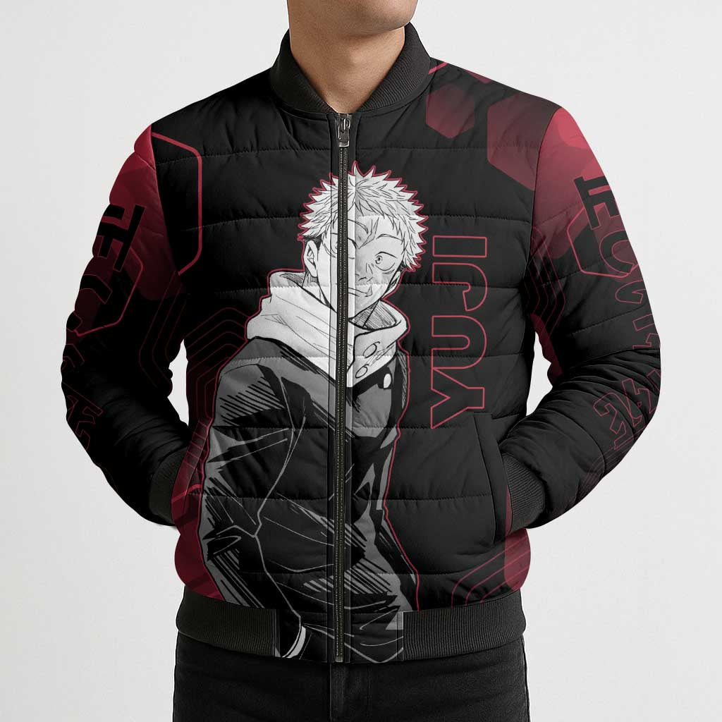 Yuji Itadori Jujutsu Kaisen Red Hexagon Design Bomber Puffer Jacket with Sukuna Transformation and Manga Style Art - The Mazicc