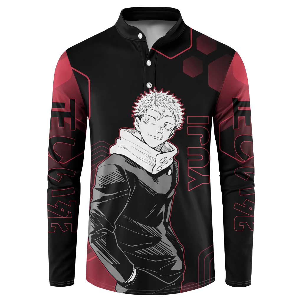 Yuji Itadori Jujutsu Kaisen Red Hexagon Design Button Sweatshirt with Sukuna Transformation and Manga Style Art - The Mazicc