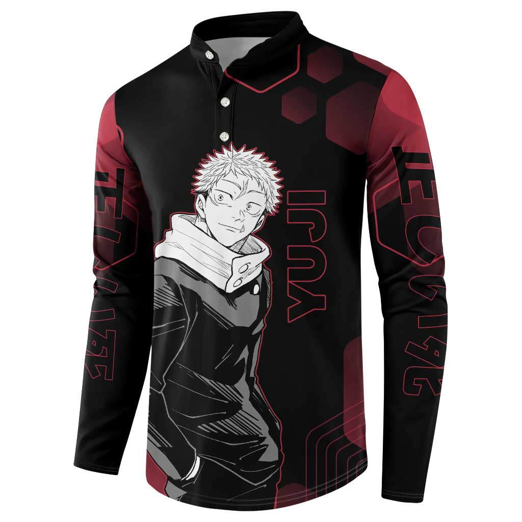 Yuji Itadori Jujutsu Kaisen Red Hexagon Design Button Sweatshirt with Sukuna Transformation and Manga Style Art - The Mazicc