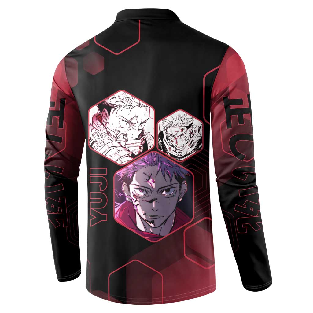 Yuji Itadori Jujutsu Kaisen Red Hexagon Design Button Sweatshirt with Sukuna Transformation and Manga Style Art - The Mazicc