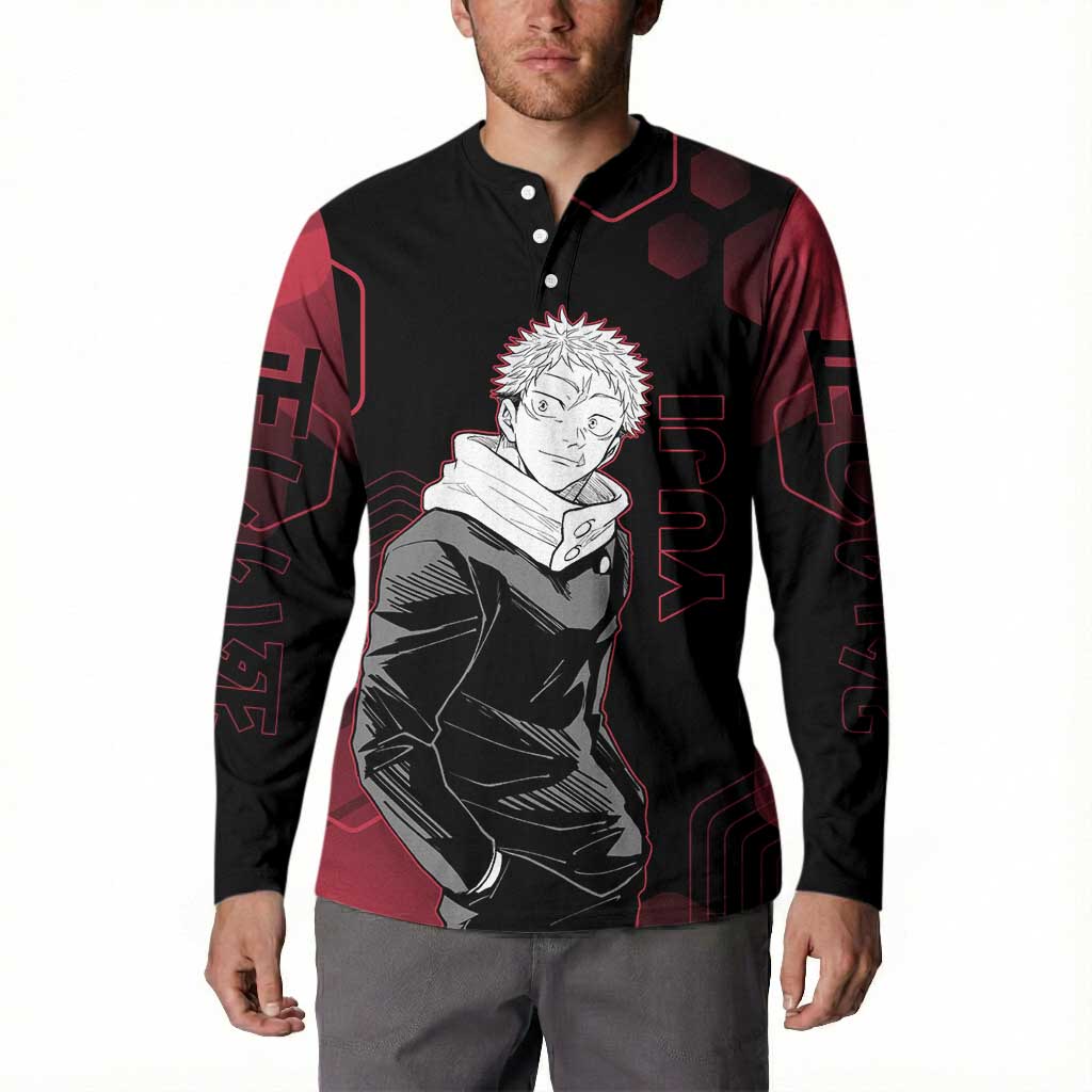 Yuji Itadori Jujutsu Kaisen Red Hexagon Design Button Sweatshirt with Sukuna Transformation and Manga Style Art - The Mazicc