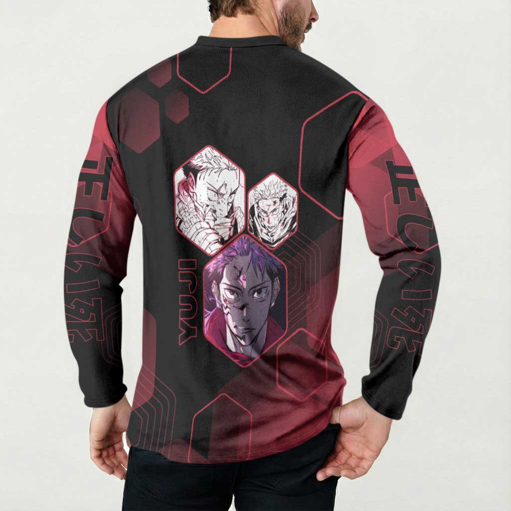 Yuji Itadori Jujutsu Kaisen Red Hexagon Design Button Sweatshirt with Sukuna Transformation and Manga Style Art - The Mazicc