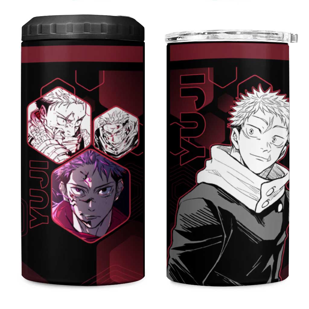 Yuji Itadori Jujutsu Kaisen Red Hexagon Design 4 in 1 Can Cooler Tumbler with Sukuna Transformation and Manga Style Art - The Mazicc