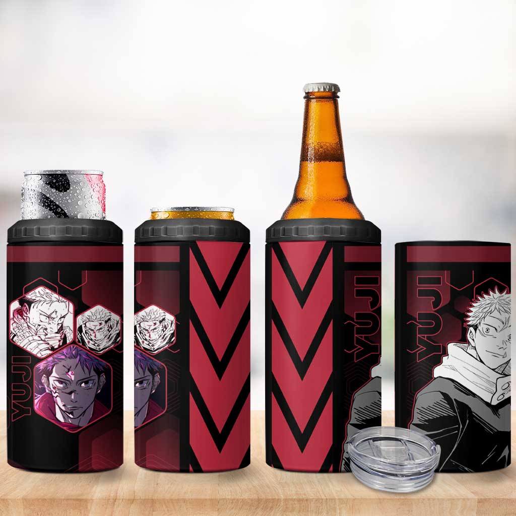 Yuji Itadori Jujutsu Kaisen Red Hexagon Design 4 in 1 Can Cooler Tumbler with Sukuna Transformation and Manga Style Art - The Mazicc
