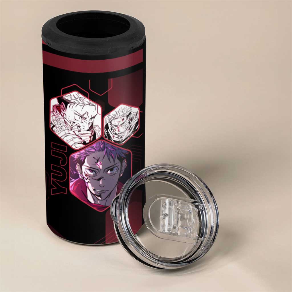 Yuji Itadori Jujutsu Kaisen Red Hexagon Design 4 in 1 Can Cooler Tumbler with Sukuna Transformation and Manga Style Art - The Mazicc