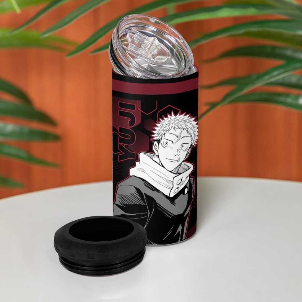 Yuji Itadori Jujutsu Kaisen Red Hexagon Design 4 in 1 Can Cooler Tumbler with Sukuna Transformation and Manga Style Art - The Mazicc