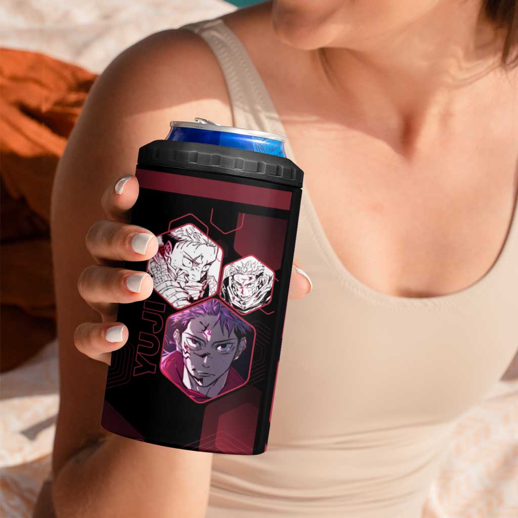 Yuji Itadori Jujutsu Kaisen Red Hexagon Design 4 in 1 Can Cooler Tumbler with Sukuna Transformation and Manga Style Art - The Mazicc
