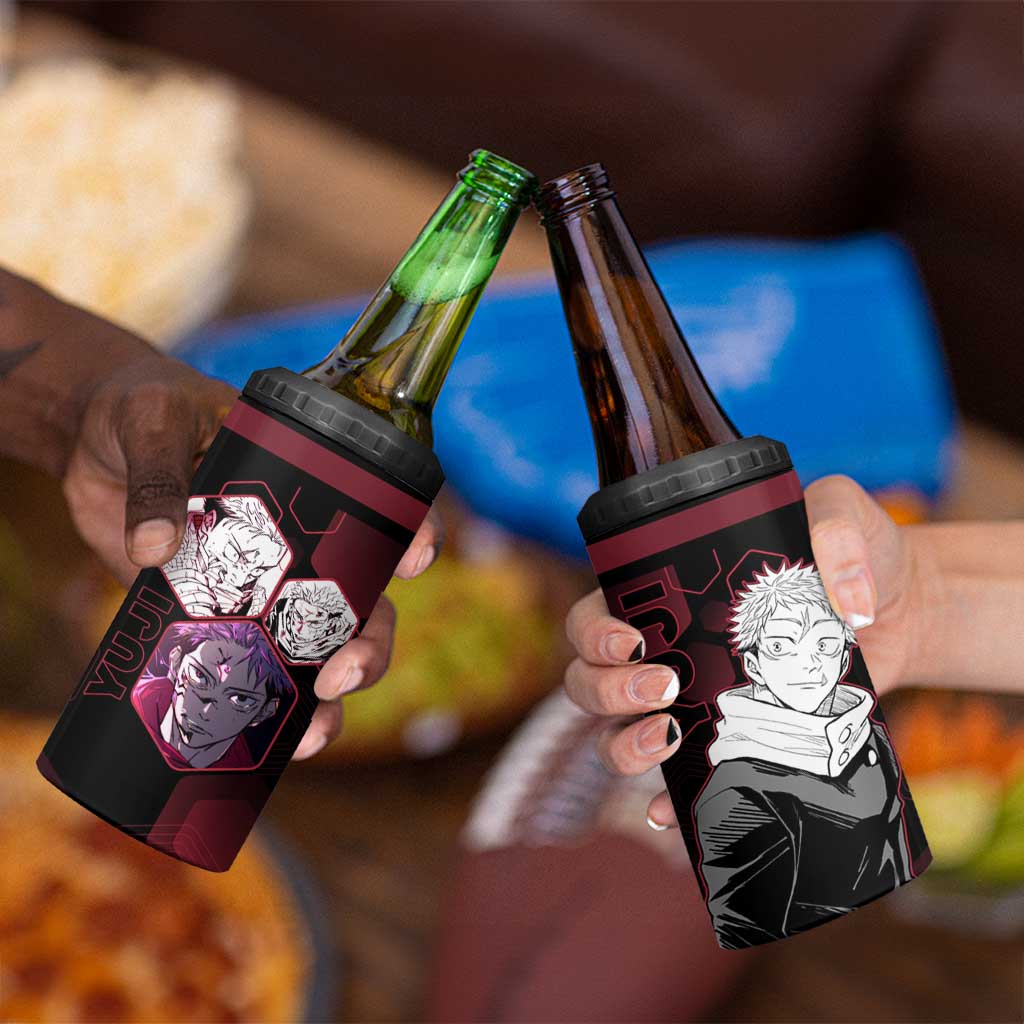 Yuji Itadori Jujutsu Kaisen Red Hexagon Design 4 in 1 Can Cooler Tumbler with Sukuna Transformation and Manga Style Art - The Mazicc