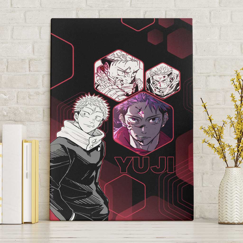 Yuji Itadori Jujutsu Kaisen Red Hexagon Design Canvas Wall Art with Sukuna Transformation and Manga Style Art - The Mazicc