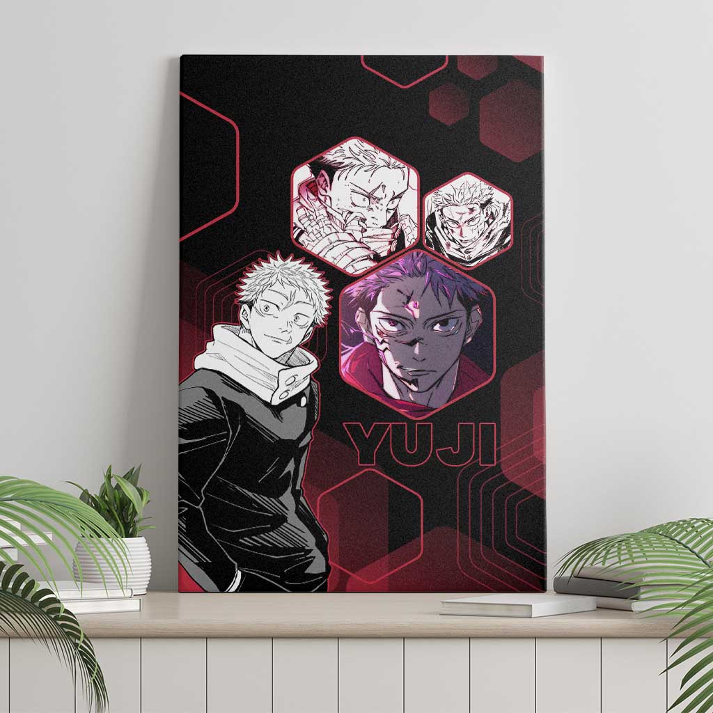 Yuji Itadori Jujutsu Kaisen Red Hexagon Design Canvas Wall Art with Sukuna Transformation and Manga Style Art - The Mazicc