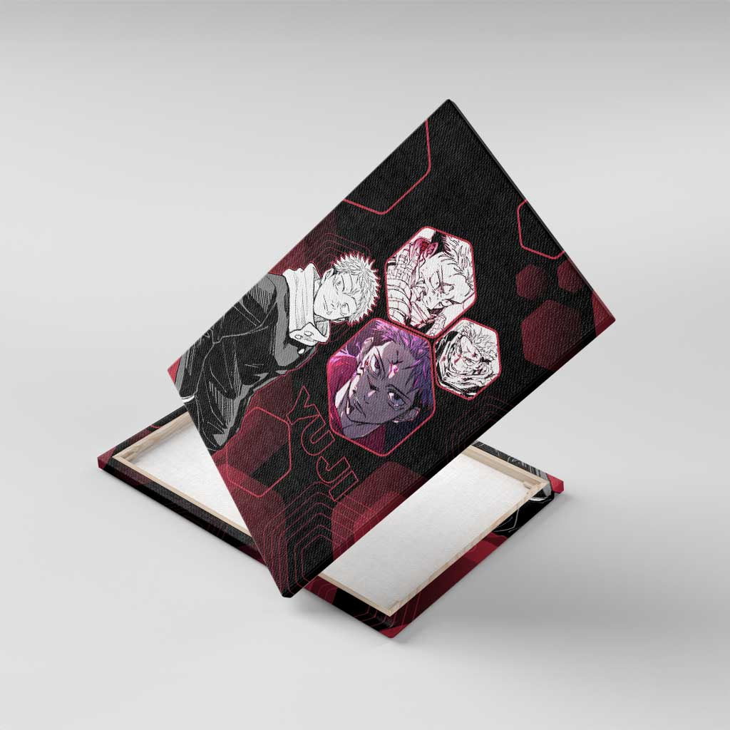 Yuji Itadori Jujutsu Kaisen Red Hexagon Design Canvas Wall Art with Sukuna Transformation and Manga Style Art - The Mazicc