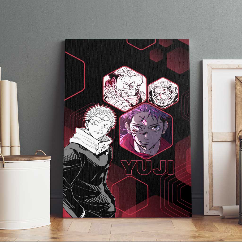 Yuji Itadori Jujutsu Kaisen Red Hexagon Design Canvas Wall Art with Sukuna Transformation and Manga Style Art - The Mazicc